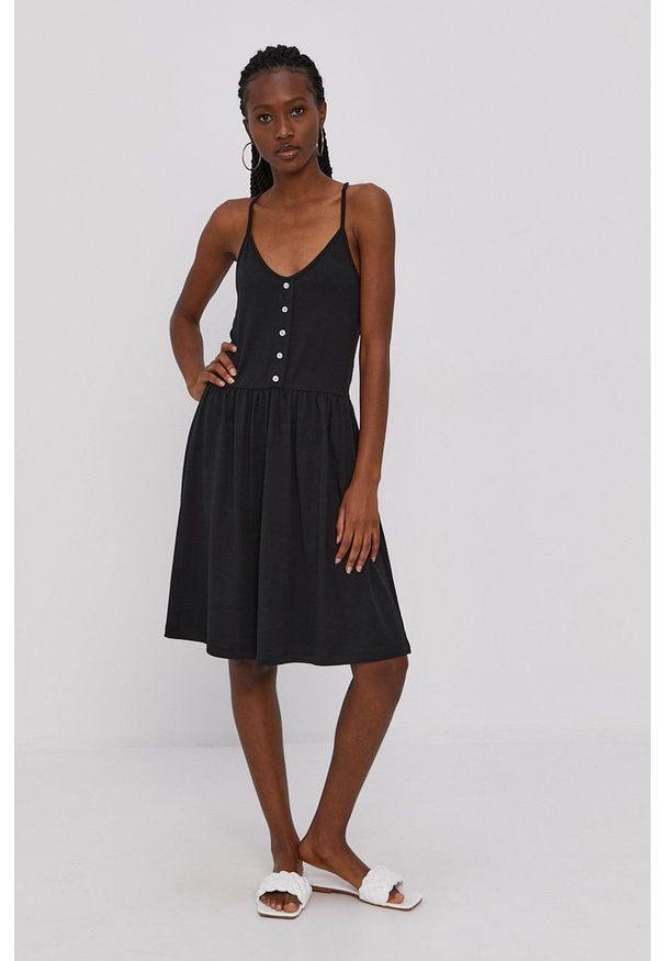 Vero Moda Sukienka kolor czarny mini rozkloszowana. Kolor: czarny. Materiał: bawełna, dzianina. Długość rękawa: na ramiączkach. Wzór: gładki. Typ sukienki: rozkloszowane. Długość: mini