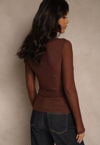 Renee - Brązowa Bluzka Longsleeve z Siateczki z Wiskozą z Dekoltem w Serce Elinevia. Kolor: brązowy. Materiał: wiskoza. Długość rękawa: długi rękaw #3