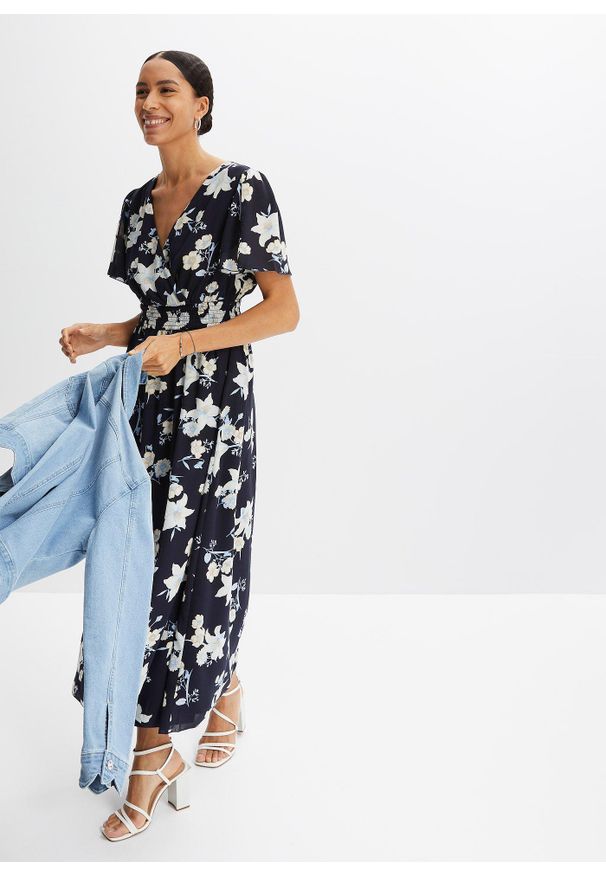 bonprix - Długa sukienka. Kolor: czarny. Wzór: nadruk, kwiaty. Długość: maxi