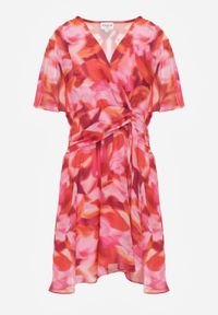 Born2be - Różowa Sukienka w Abstrakcyjny Wzór z Marszczeniem Aniles. Okazja: na co dzień. Kolor: różowy. Materiał: jeans, poliester. Typ sukienki: proste. Styl: casual, elegancki #7