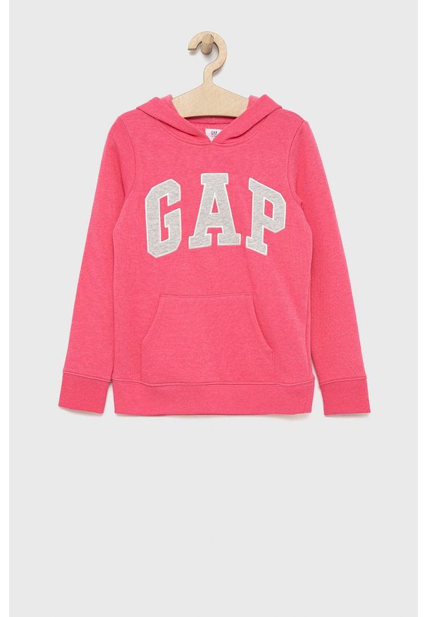 GAP bluza dziecięca kolor różowy z kapturem z aplikacją. Typ kołnierza: kaptur. Kolor: różowy. Materiał: poliester. Wzór: aplikacja