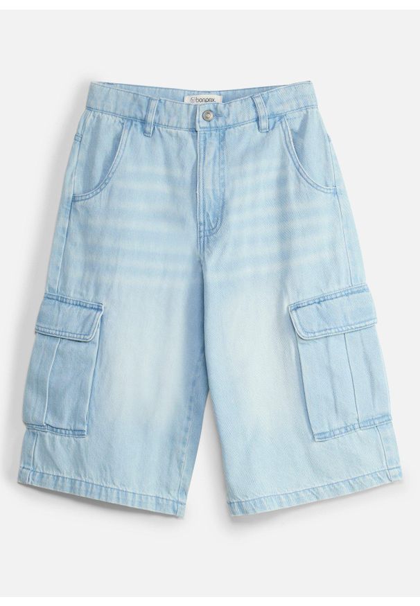 bonprix - Długie bermudy jeansowe z regulowanym pasem, baggy fit. Kolor: niebieski. Długość: długie
