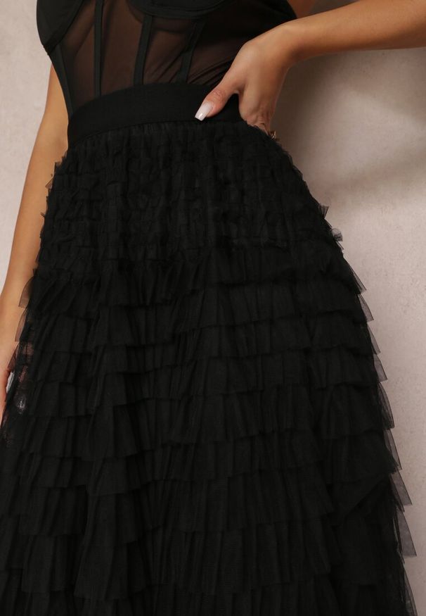 Renee - Czarna Tiulowa Spódnica Maxi z Gumką w Pasie i Falbankami Mahlia. Kolor: czarny. Materiał: tiul