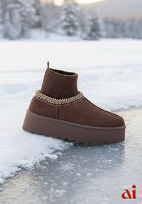 Renee - Brązowe Śniegowce VICES na Platformie ze Skarpetkową Cholewką i Haftem Ebentia. Kolor: brązowy. Materiał: dzianina, jeans, puch. Szerokość cholewki: normalna. Wzór: haft. Sezon: zima. Obcas: na platformie #1