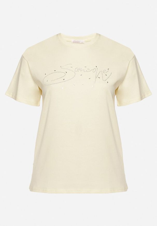 Born2be - Żółty Bawełniany T-shirt z Ozdobnym Napisem i Cyrkoniami Olisandra. Okazja: na co dzień. Kolekcja: plus size. Kolor: żółty. Materiał: bawełna. Wzór: napisy. Styl: klasyczny, casual