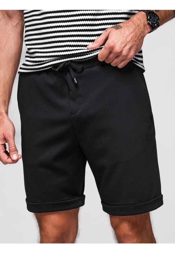 Ombre Clothing - Dzianinowe szorty męskie z podwiniętymi nogawkami – czarne V2 - Rozmiar: M. Kolor: czarny. Materiał: dzianina. Wzór: jednolity. Styl: klasyczny