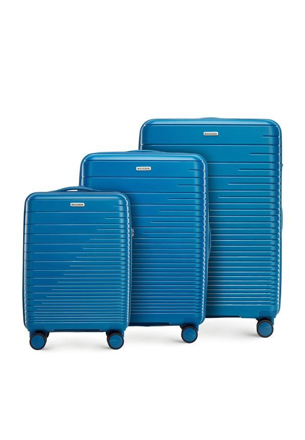 Wittchen - Zestaw walizek z polipropylenu z błyszczącymi paskami niebieski. Kolor: niebieski. Wzór: paski, aplikacja. Styl: elegancki