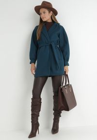 Born2be - Niebieski Płaszcz z Wiązanym Paskiem i Bufiastym Rękawem Imgrucu. Typ kołnierza: kołnierzyk stójkowy. Kolor: niebieski. Materiał: tkanina, jeans. Długość: długie. Sezon: wiosna, jesień #7