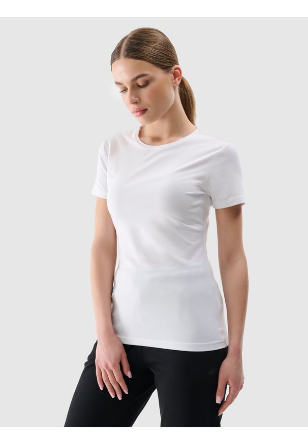 4f - 4F T-shirt slim gładki damski - biały S. Okazja: na co dzień. Kolor: biały. Materiał: dzianina, bawełna, jersey, materiał, elastan. Długość rękawa: krótki rękaw. Długość: krótkie. Wzór: gładki. Sezon: lato. Styl: klasyczny, sportowy, casual