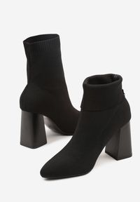 Born2be - Czarne Botki Vices na Geometrycznym Obcasie ze Skarpetową Cholewką Falacea. Okazja: na co dzień. Kolor: czarny. Materiał: jeans. Szerokość cholewki: normalna. Wzór: geometria. Obcas: na obcasie. Styl: casual. Wysokość obcasa: średni #6