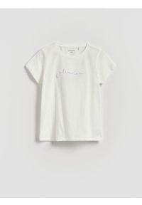 Reserved - T-shirt z haftowanym napisem - biały. Kolor: biały. Materiał: bawełna. Wzór: haft, napisy
