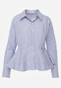 Renee - Niebieska Koszula z Baskinką z Bawełną Zdobiona Wzorem w Drobne Paski Merithara. Kolor: niebieski. Materiał: bawełna. Długość rękawa: długi rękaw. Długość: długie. Wzór: aplikacja, paski #3