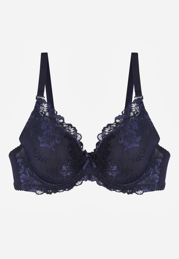 Renee - Granatowy Koronkowy Biustonosz w Klasycznym Stylu Coralee. Kolor: niebieski. Materiał: koronka. Wzór: aplikacja, gładki