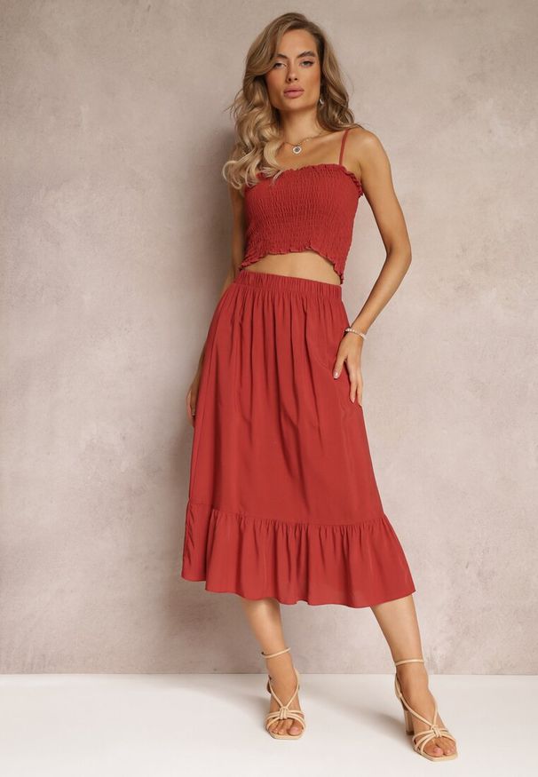 Renee - Czerwony 2-częściowy Komplet Bawełniany Top na Ramiączkach i Spódnica z Gumką w Talii Tirasa. Kolor: czerwony. Materiał: bawełna