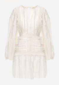 Born2be - Beżowa Rozkloszowana Sukienka z Koronką i Wystrzępieniem Jenika. Kolor: beżowy. Materiał: koronka. Wzór: koronka. Styl: elegancki #3