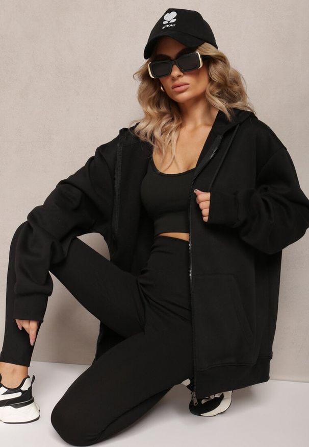 Renee - Czarna Zasuwana Bluza z Kapturem Narmione. Okazja: na spacer. Typ kołnierza: kaptur. Kolor: czarny. Materiał: jeans, polar. Styl: wizytowy