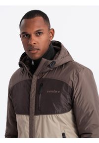 Ombre Clothing - Lekka kolorowa męska sportowa kurtka z polarem – beżowo-ciemnobrązowa V19 - Rozmiar: XL. Typ kołnierza: kołnierzyk stójkowy. Kolor: beżowy. Materiał: polar. Wzór: kolorowy. Styl: sportowy #8