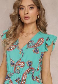 Renee - Miętowa Rozkloszowana Sukienka Mini we Wzór Paisley Rachelli. Typ kołnierza: kołnierz z falbankami. Kolor: miętowy. Długość rękawa: bez rękawów. Wzór: paisley. Styl: elegancki. Długość: mini
