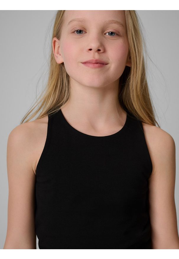 4f - 4F Crop top slim gładki dziewczęcy - czarny 134 (8-9 lat). Okazja: na co dzień. Kolor: czarny. Materiał: dzianina, skóra, materiał, bawełna. Długość: krótkie. Wzór: gładki. Sezon: lato. Styl: casual