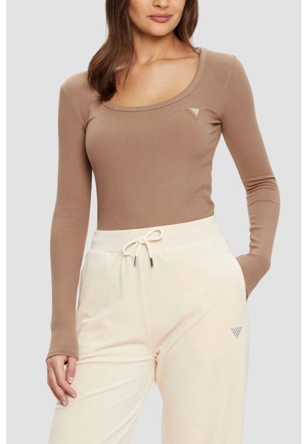 Guess - GUESS Brązowy damski longsleeve Colette, Rozmiar L. Kolor: brązowy. Długość rękawa: długi rękaw