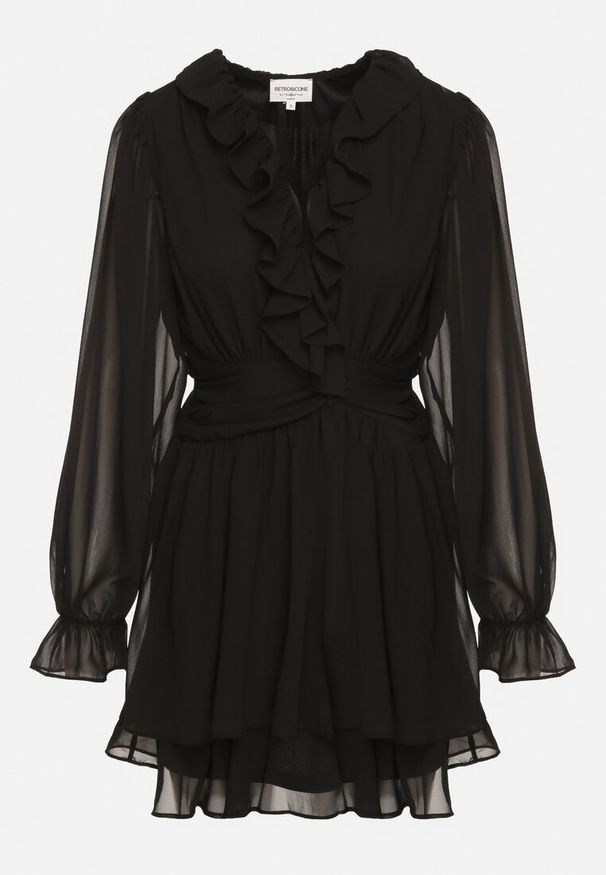 Born2be - Czarna Rozkloszowana Sukienka z Falbankami i Siateczkowymi Rękawami Zennisa. Okazja: na imprezę, do pracy, na spotkanie biznesowe. Typ kołnierza: kołnierz z falbankami. Kolor: czarny. Materiał: poliester. Typ sukienki: rozkloszowane. Styl: klasyczny, biznesowy