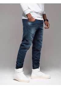 Ombre Clothing - Męskie spodnie jeansowe joggery z przetarciami i zamkami – ciemnoniebieskie V1 - Rozmiar: S. Kolor: niebieski. Materiał: jeans. Styl: retro, klasyczny, rockowy #9