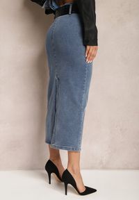 Renee - Niebieska Jeansowa Spódnica Midi Bawełniana z Ażurowym Paskiem i Klamrą Allerio. Kolor: niebieski. Materiał: jeans, bawełna. Wzór: ażurowy. Styl: elegancki #4