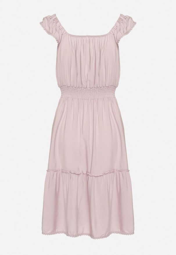 Born2be - Jasnofioletowa Taliowana Sukienka z Wiskozą i Bawełną Falbankami oraz Gumką w Talii Hemvia. Okazja: na co dzień. Typ kołnierza: kołnierz z falbankami. Kolor: fioletowy. Materiał: bawełna, wiskoza. Typ sukienki: rozkloszowane. Styl: casual, elegancki