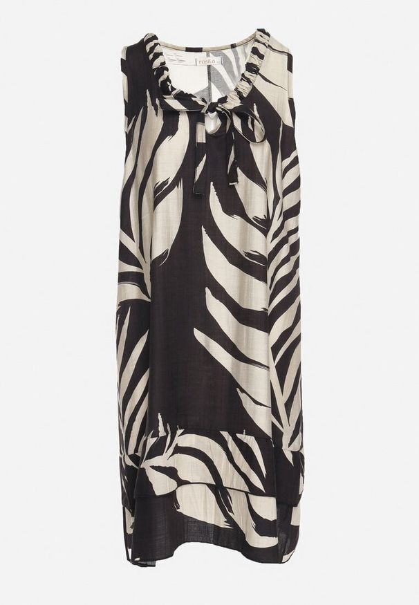 Born2be - Czarna Pudełkowa Sukienka z Wiskozą Lnem i Roślinnym Wzorem Rineluna. Okazja: na co dzień. Kolor: czarny. Materiał: len, wiskoza. Styl: casual, elegancki