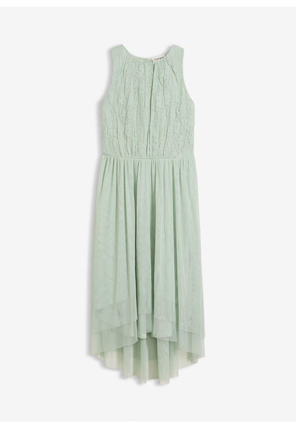 bonprix - Sukienka z dłuższym tyłem z delikatnego tiulu i koronki. Kolor: zielony. Materiał: tiul, koronka. Wzór: koronka. Typ sukienki: asymetryczne. Styl: elegancki