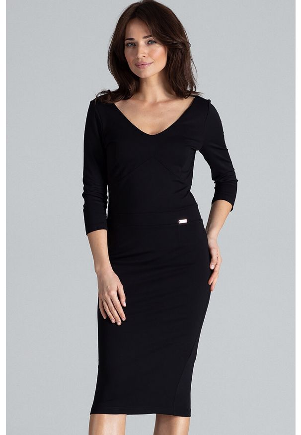 Lenitif - Elegancka dopasowana sukienka z dekoltem V czarna. Kolor: czarny. Typ sukienki: dopasowane. Styl: elegancki. Długość: midi
