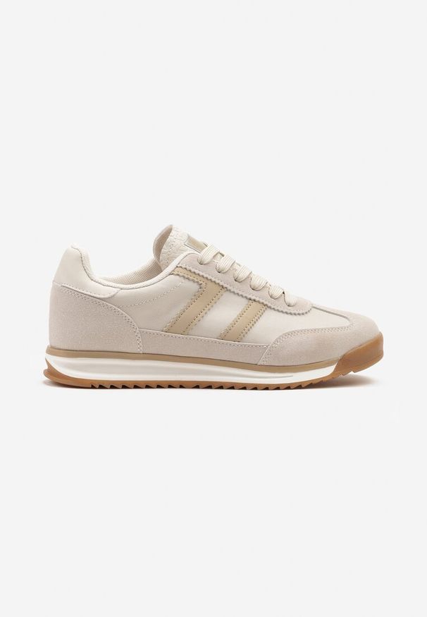 Born2be - Beżowe Sneakersy z Geometrycznym Wzorem Naitiel. Okazja: na co dzień. Kolor: beżowy. Materiał: skóra, jeans. Wzór: geometria