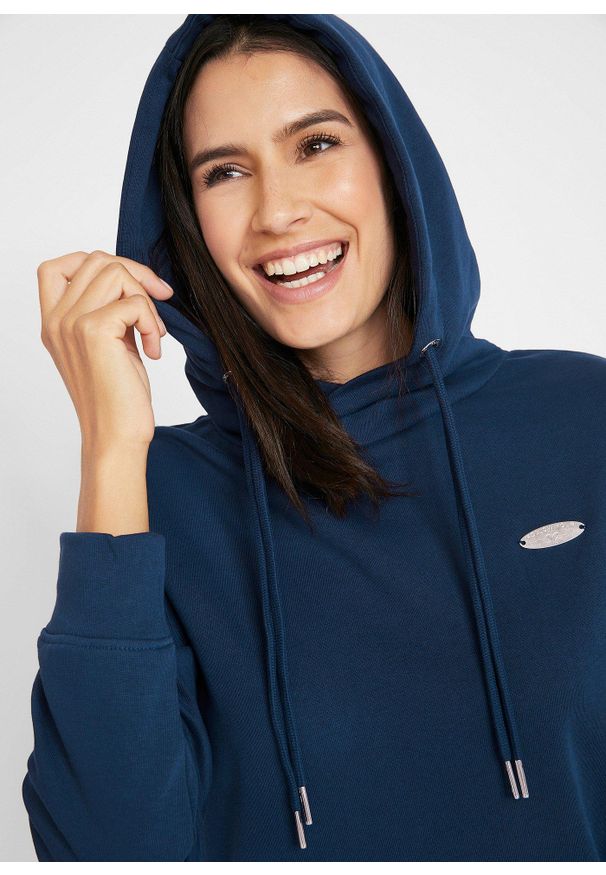 bonprix - Sukienka dresowa z kapturem. Typ kołnierza: kaptur. Kolor: niebieski. Materiał: dresówka. Styl: elegancki