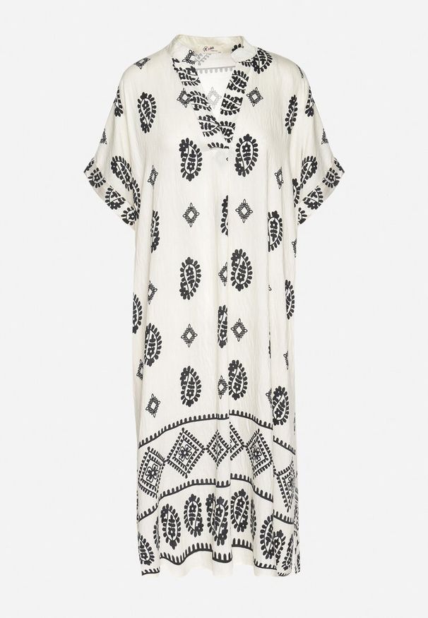 Born2be - Czarno-Kremowa Wiskozowa Sukienka Boho o Pudełkowym Kroju z Rozcięciami Nelbia. Okazja: na co dzień. Typ kołnierza: dekolt w serek. Kolor: czarny. Materiał: wiskoza. Styl: boho