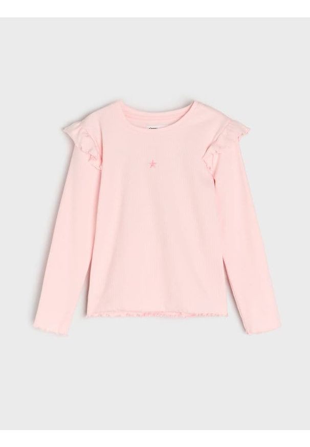 Sinsay - Prążkowana koszulka z haftem - różowy. Kolor: różowy. Materiał: prążkowany. Wzór: haft