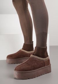 Born2be - Brązowe Śniegowce VICES na Grubej Podeszwie z Haftem i Skarpetkową Cholewką Enantia. Okazja: na co dzień. Kolor: brązowy. Materiał: jeans. Szerokość cholewki: normalna. Wzór: haft. Styl: casual, elegancki #3
