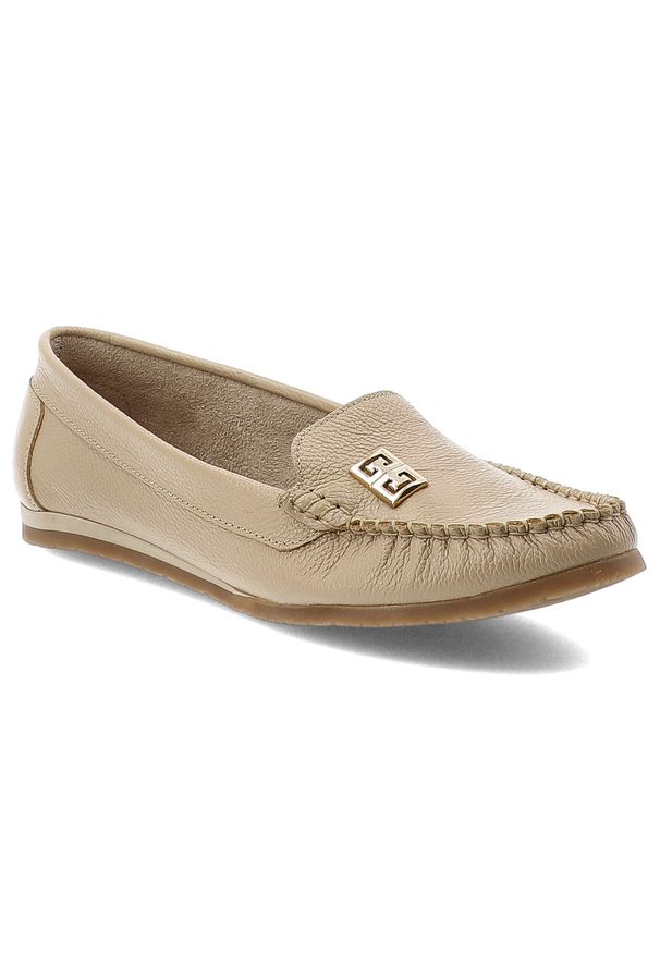 Mokasyny damskie Armodo, cholewka ze skóry naturalnej konstrukcja z dekoracyjną aplikacją miękka forma niska elastyczna podeszwa zapewniająca komfort. Okazja: na co dzień. Kolor: beżowy. Materiał: skóra. Szerokość cholewki: normalna. Wzór: aplikacja. Styl: casual, elegancki, klasyczny