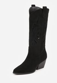 Renee - Czarne Ażurowe Kozaki Kowbojki na Obcasie typu Stożek Tidrina. Kolor: czarny. Materiał: zamsz. Wzór: ażurowy. Obcas: na obcasie. Styl: elegancki. Wysokość obcasa: średni #3