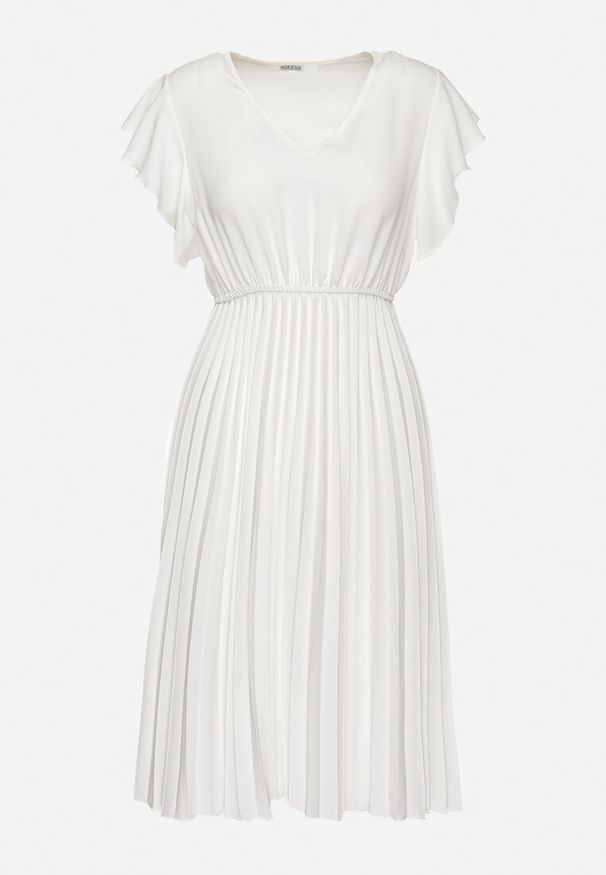 Born2be - Biała Sukienka Rozkloszowana Midi z Plisowanym Dołem Sabara. Okazja: na co dzień. Kolor: biały. Materiał: skóra. Styl: casual. Długość: midi