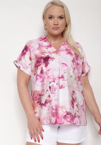 Born2be - Różowo-Biała Koszulowa Bluzka z Bawełną i Ozdobnym Rękawem Risselle. Kolor: różowy. Materiał: bawełna