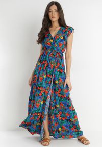 Born2be - Niebieska Sukienka Oceshi. Typ kołnierza: kokarda, kołnierz z falbankami. Kolor: niebieski. Materiał: materiał. Wzór: kwiaty. Typ sukienki: kopertowe. Długość: maxi #5