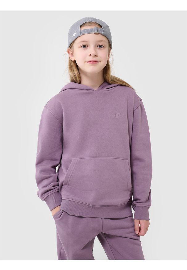 4f - 4F Bluza dresowa nierozpinana z kapturem dziewczęca - fioletowa 158 (12-13 lat). Okazja: na co dzień. Typ kołnierza: kaptur. Kolor: fioletowy. Materiał: dresówka. Wzór: ze splotem, gładki. Sezon: lato. Styl: casual, sportowy