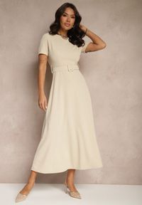 Renee - Beżowa Sukienka o Rozkloszowanym Kroju z Ozdobnym Paskiem Desiliena. Okazja: na co dzień. Kolor: beżowy. Materiał: denim. Typ sukienki: rozkloszowane. Styl: klasyczny, elegancki, casual #4
