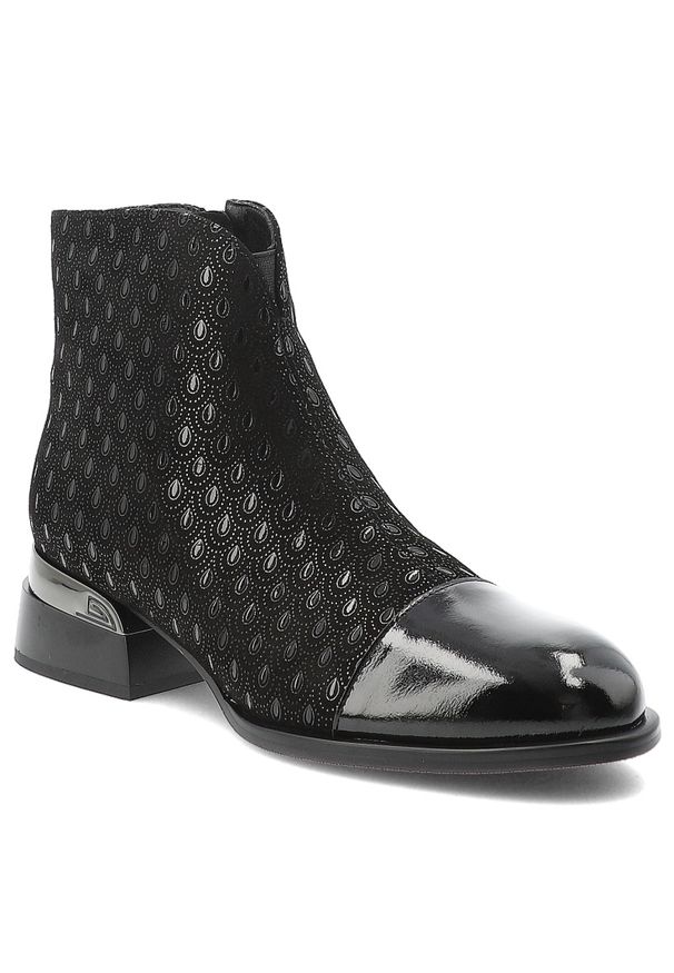 Czarne Botki S.Barski Wzorzyste Obuwie Damskie. Okazja: na co dzień. Zapięcie: zamek. Kolor: czarny. Materiał: lakier, materiał. Sezon: zima, jesień. Obcas: na obcasie. Styl: casual. Wysokość obcasa: średni