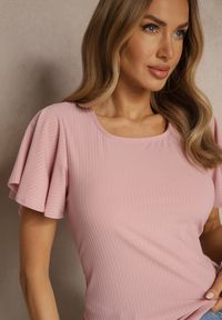 Renee - Różowa Bluzka z Rozkloszowanymi Rękawami Sunelva. Okazja: na co dzień. Kolor: różowy. Materiał: jeans. Styl: elegancki, casual #3