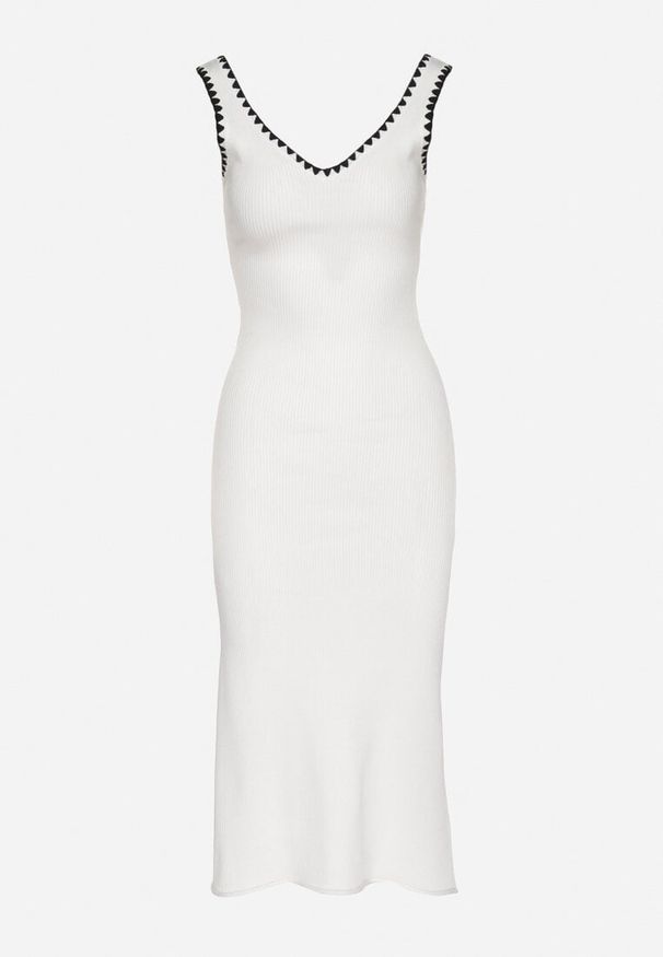 Born2be - Biała Sukienka Dzianinowa o Taliowanym Kroju na Ramiączkach z Lamówką Zenlimi. Okazja: na co dzień. Typ kołnierza: dekolt w kształcie V. Kolor: biały. Materiał: dzianina. Długość rękawa: na ramiączkach. Styl: casual, elegancki