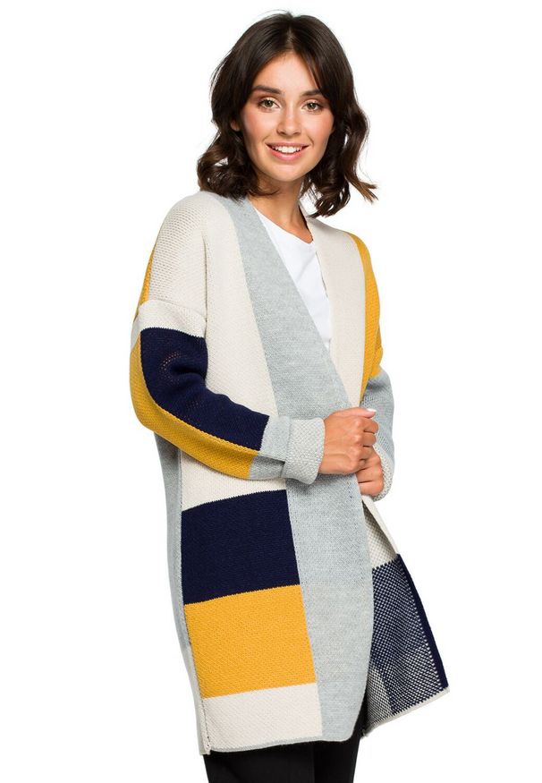 BE Knit - Sweter kardigan narzutka kolorowy geometryczny wzór. Okazja: na co dzień. Materiał: jeans, materiał, akryl. Wzór: geometria, kolorowy. Styl: elegancki, casual