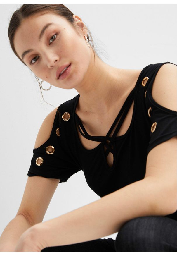 bonprix - Shirt z paskami. Kolor: czarny. Styl: elegancki