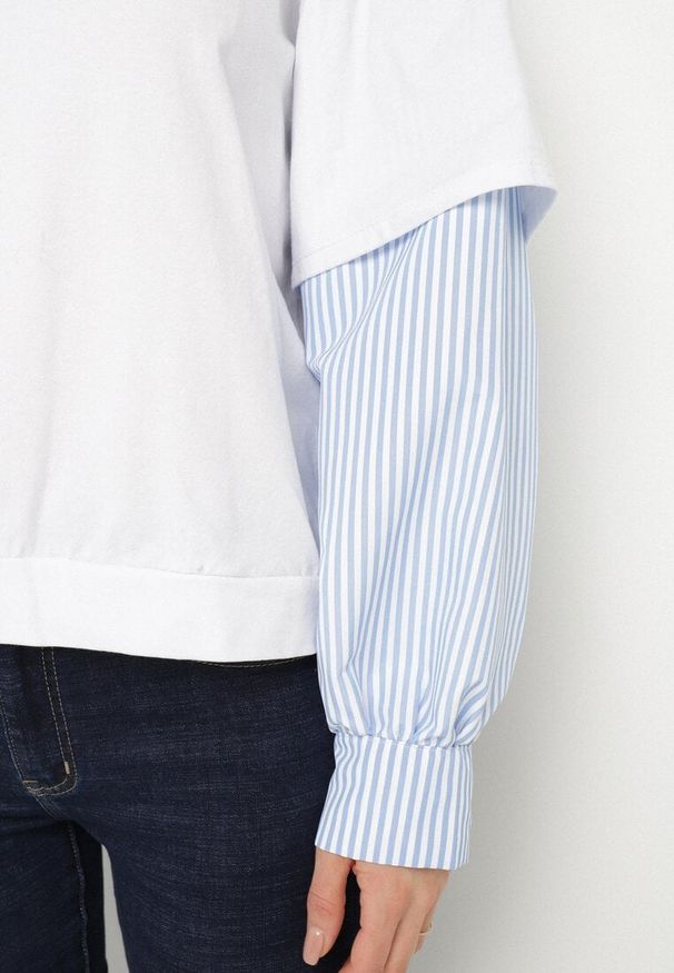 Born2be - Biała Bluzka z Bawełny z Koszulowymi Rękawami w Paski Firselia. Okazja: na co dzień. Kolor: biały. Materiał: bawełna. Długość: długie. Wzór: paski. Styl: elegancki, casual