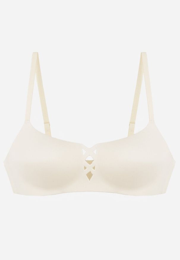 Renee - Jasnobeżowy Biustonosz o Gładkim Wykończeniu z Imitacją Wiązania Azisene. Kolor: beżowy. Materiał: koronka. Wzór: gładki